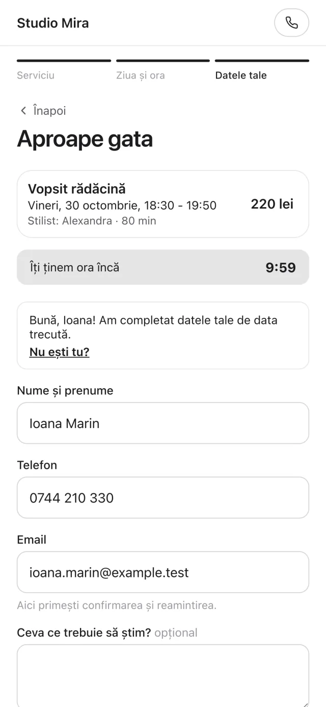 Pagina de programare cu datele clientei completate de la vizita trecută